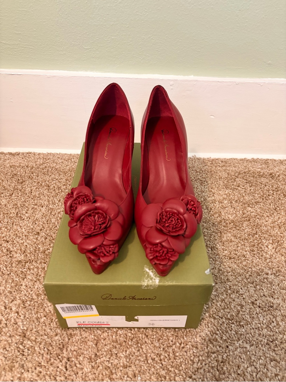 NIB Daniela Ancarini Red Floral Leather. Pointed-Toe Pumps